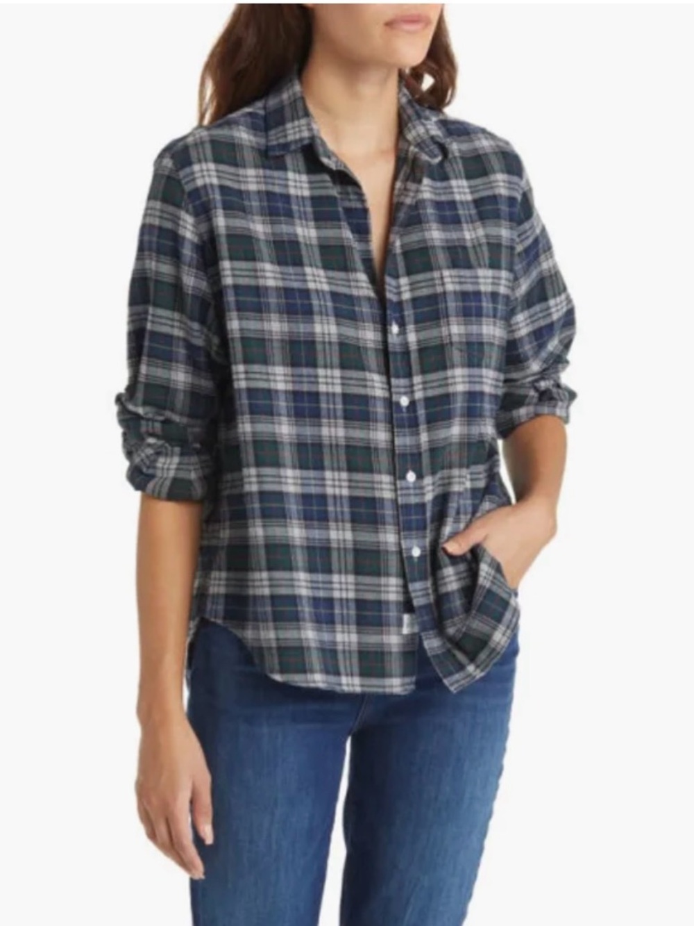 Frank & Eileen Eileen Plaid Relaxed Button Up Shirt Green Gray Navy Plaid Medium